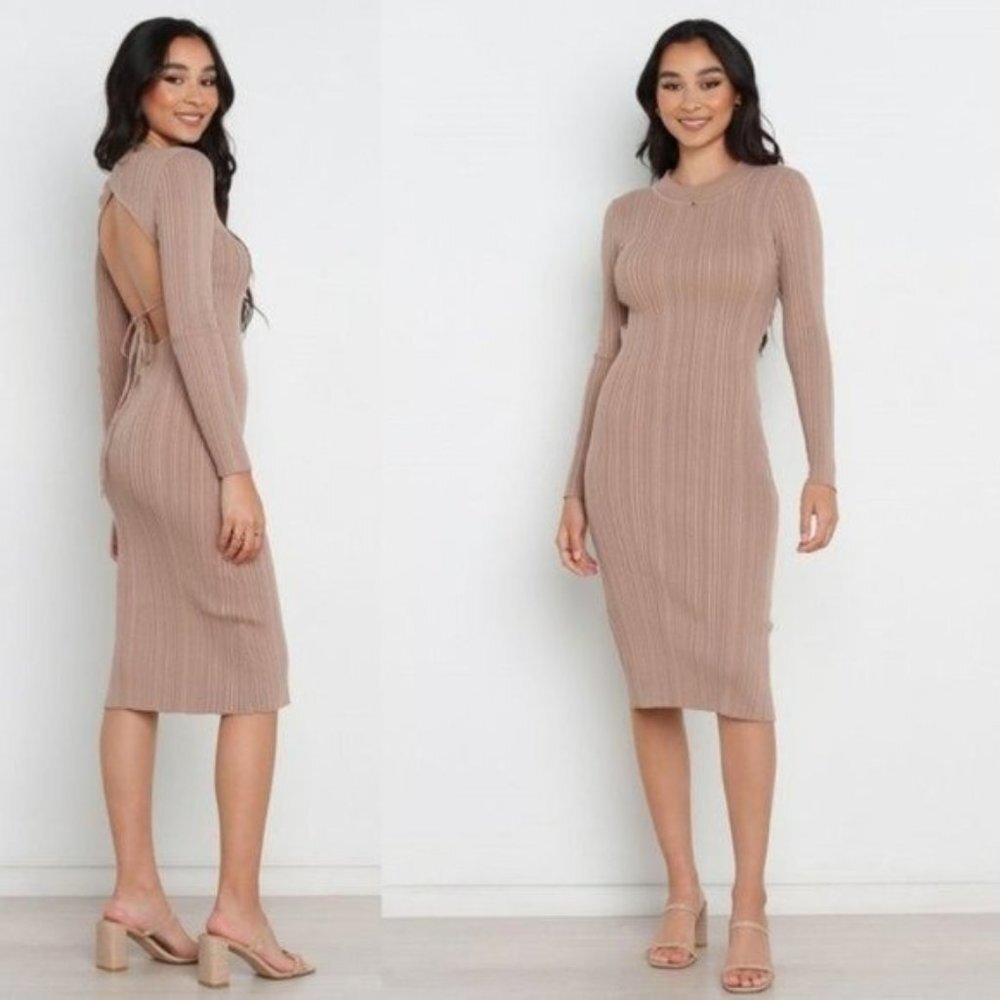 Petal & Pup Taupe Ribbed Long Sleeve Knit Midi Dress